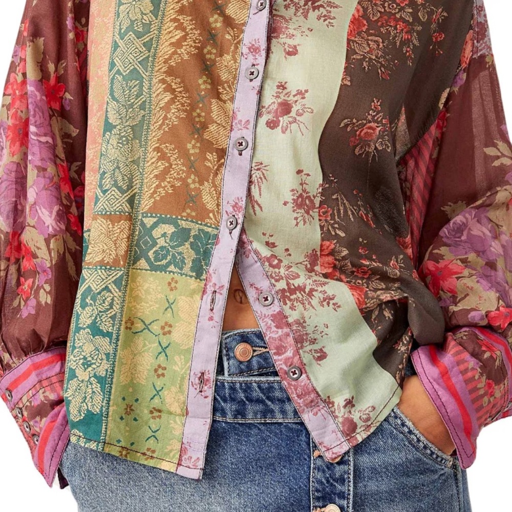 Floral Patchwork Button-Up Blouse